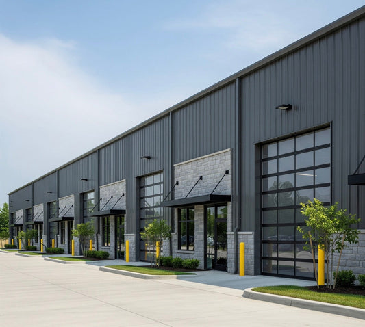 Stonebrook Class A flex bay construction — 1,800 square foot bays with 14-foot overhead glass doors